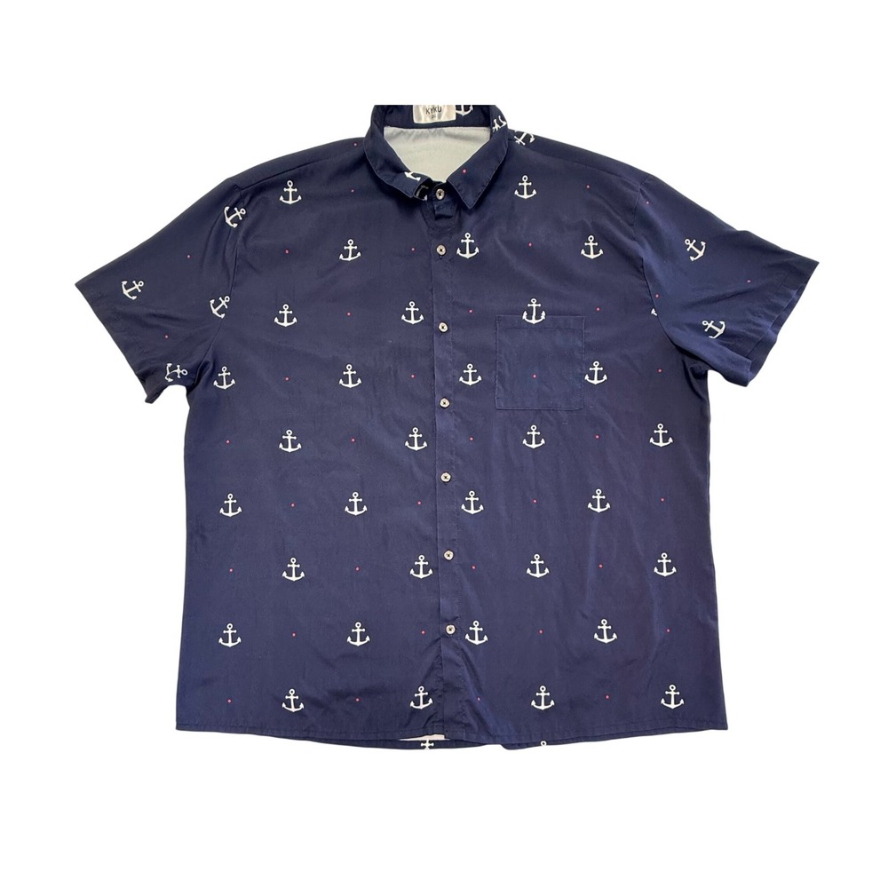 KYKU Mens 2XL Navy Blue Anchor Print Short Sleeve Nautical Button Up Shirt